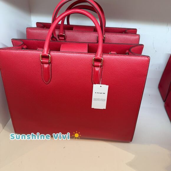 NWT Bundle Coach Maggie Tote Bag Leather CY666 Gold/True Red & Long Charm Chain - Picture 7 of 16